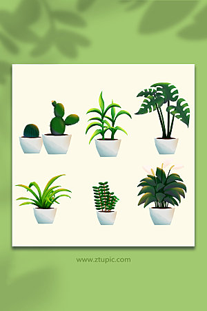 绿色植物盆栽插画元素设计