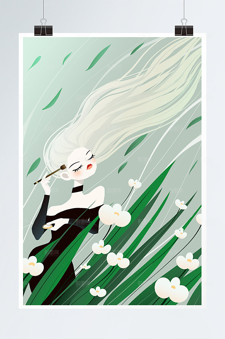 手绘植物美妆化妆人物插画设计