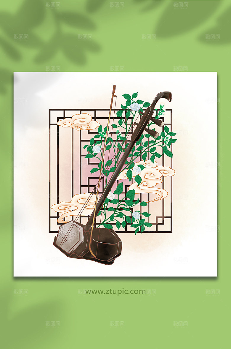新中式乐器花卉二胡插画设计