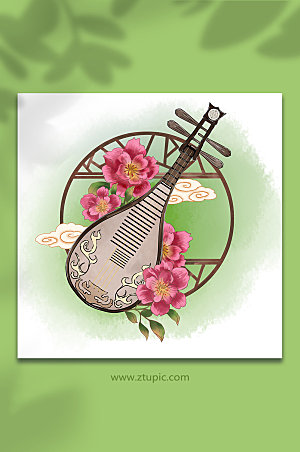 古风中式乐器花卉琵琶插画设计