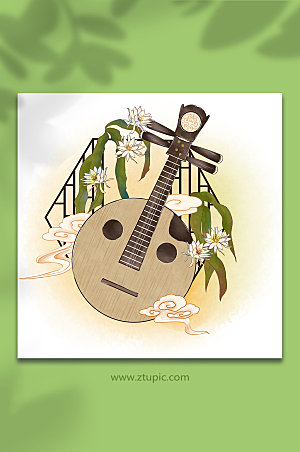 淡雅古风中式乐器花卉设计插画