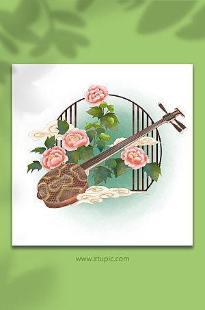 古风中式乐器花卉设计三弦插画