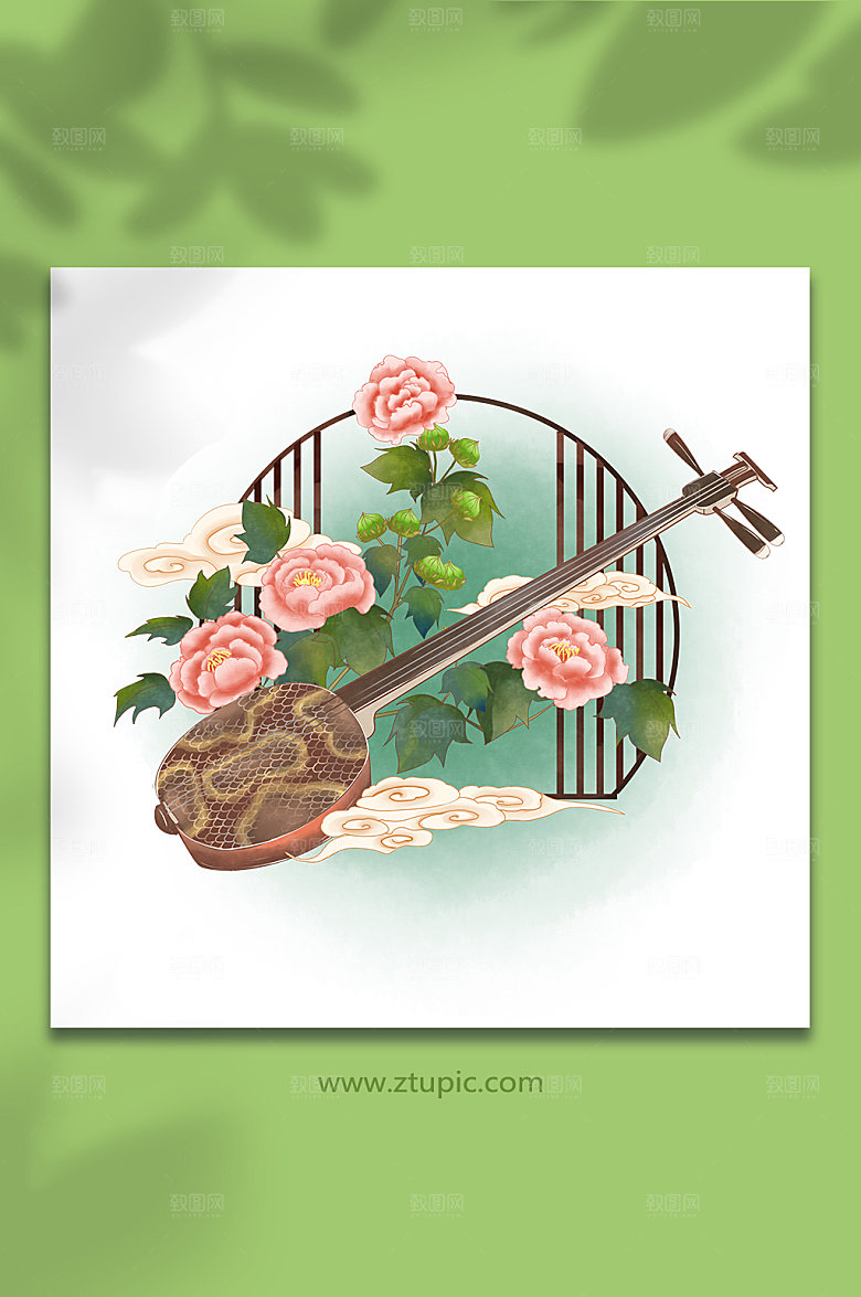 古风中式乐器花卉设计三弦插画