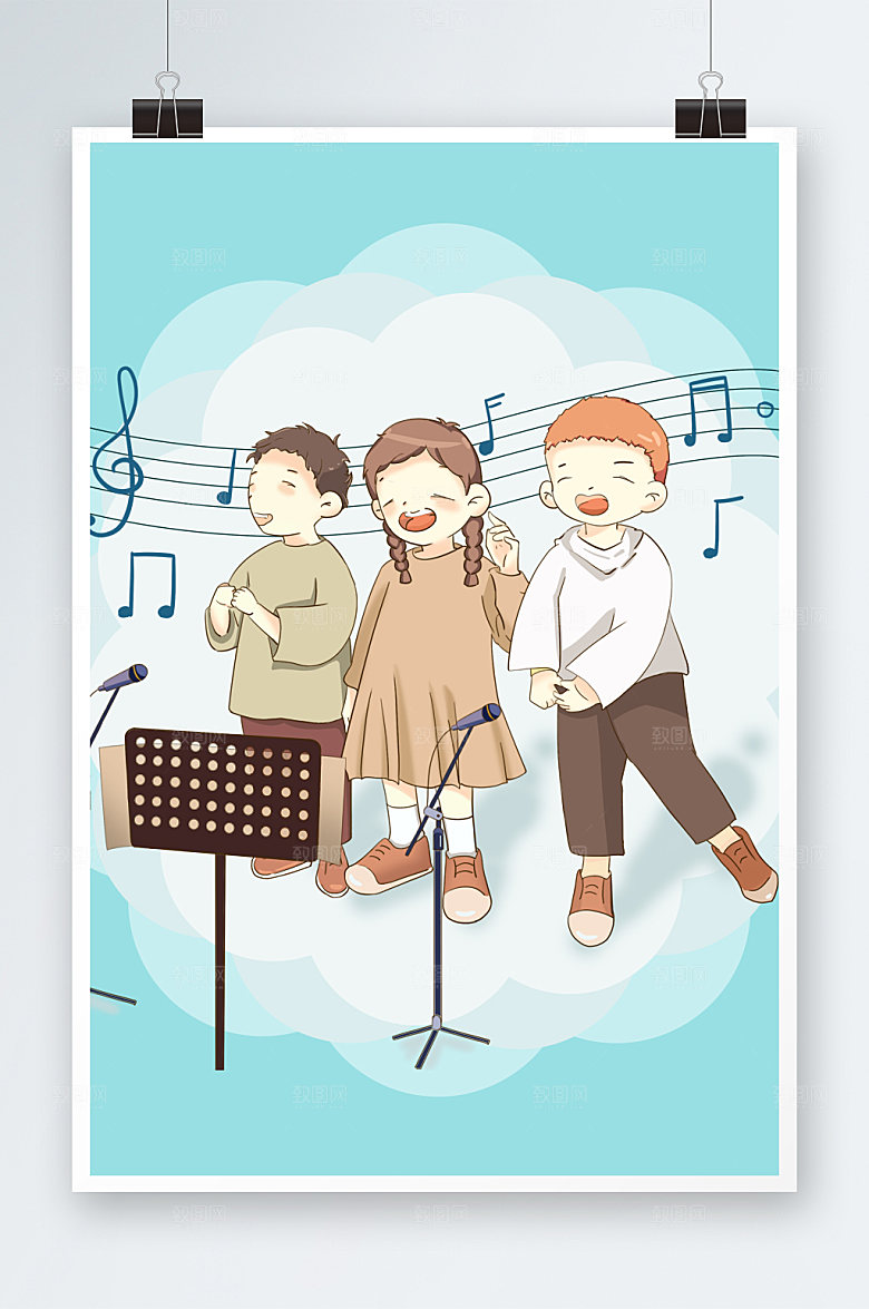 ⼿绘儿童唱歌弹奏音乐人设计插画