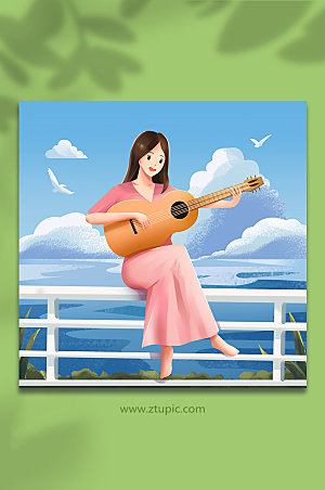 海边音乐弹吉他女孩唱歌设计插画