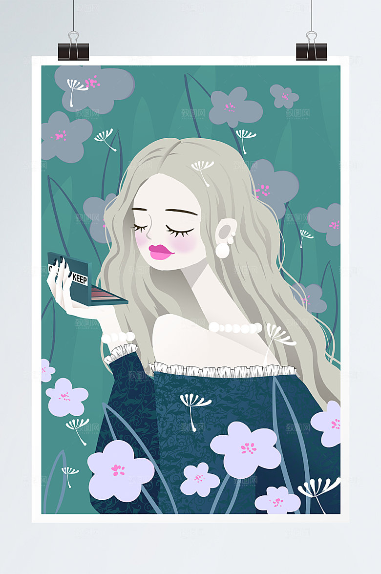 紫色花朵大气风美妆化妆人物插画设计