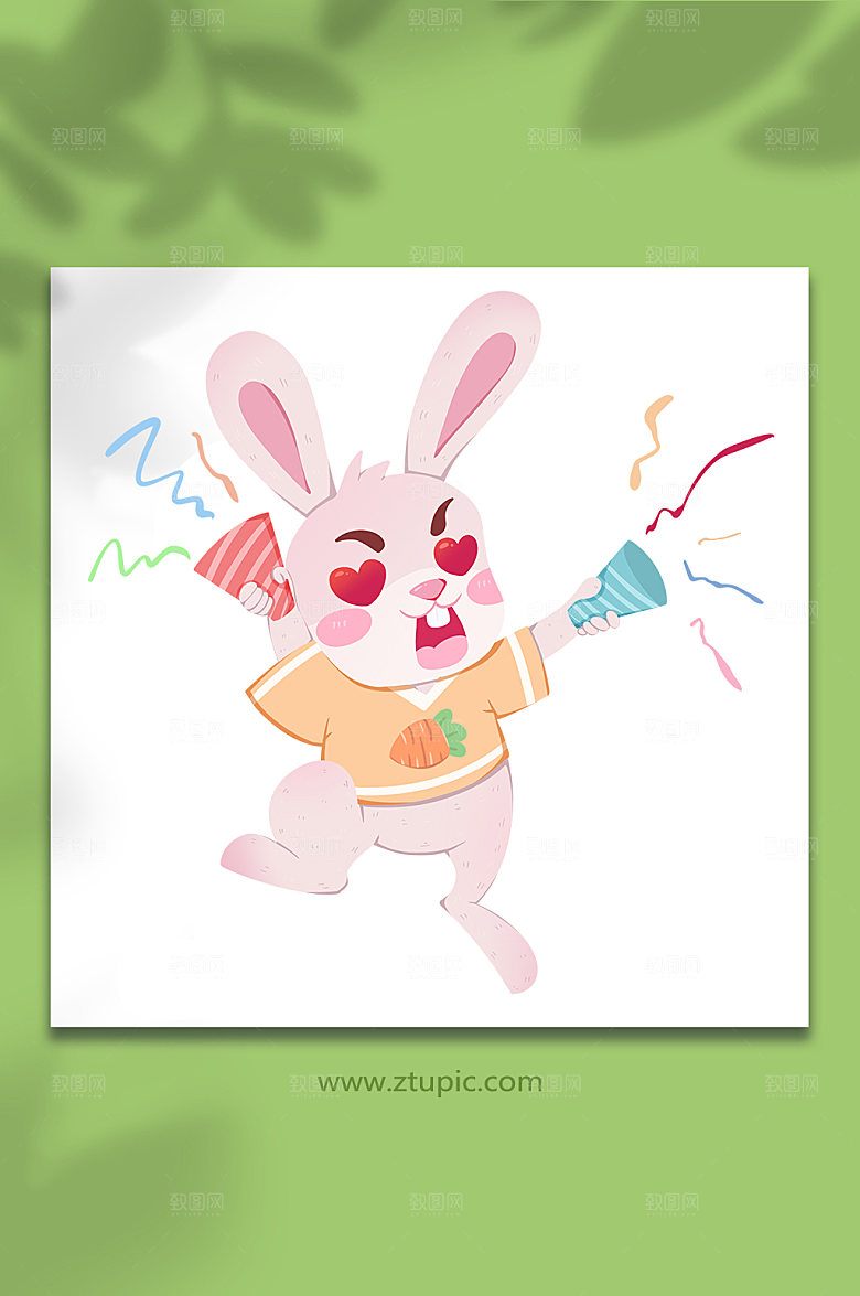 扁平双手撒花兔子动物设计插画