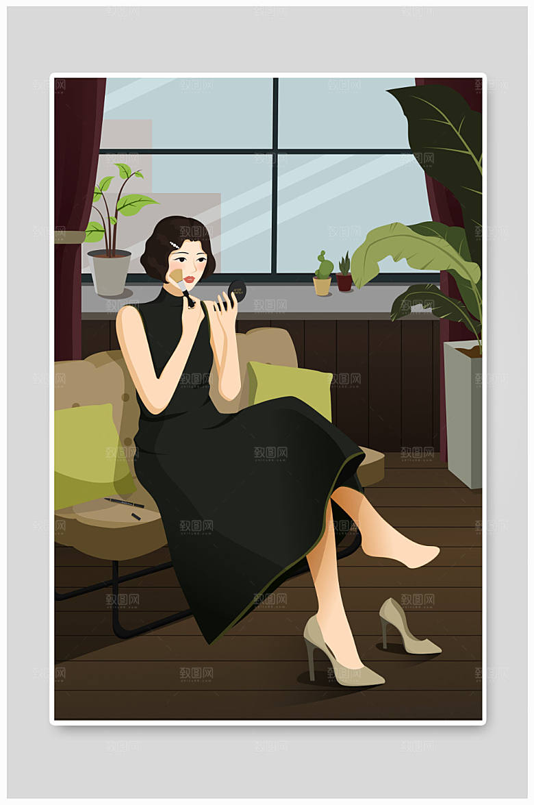 扁平小黑裙美妆化妆人物设计插画