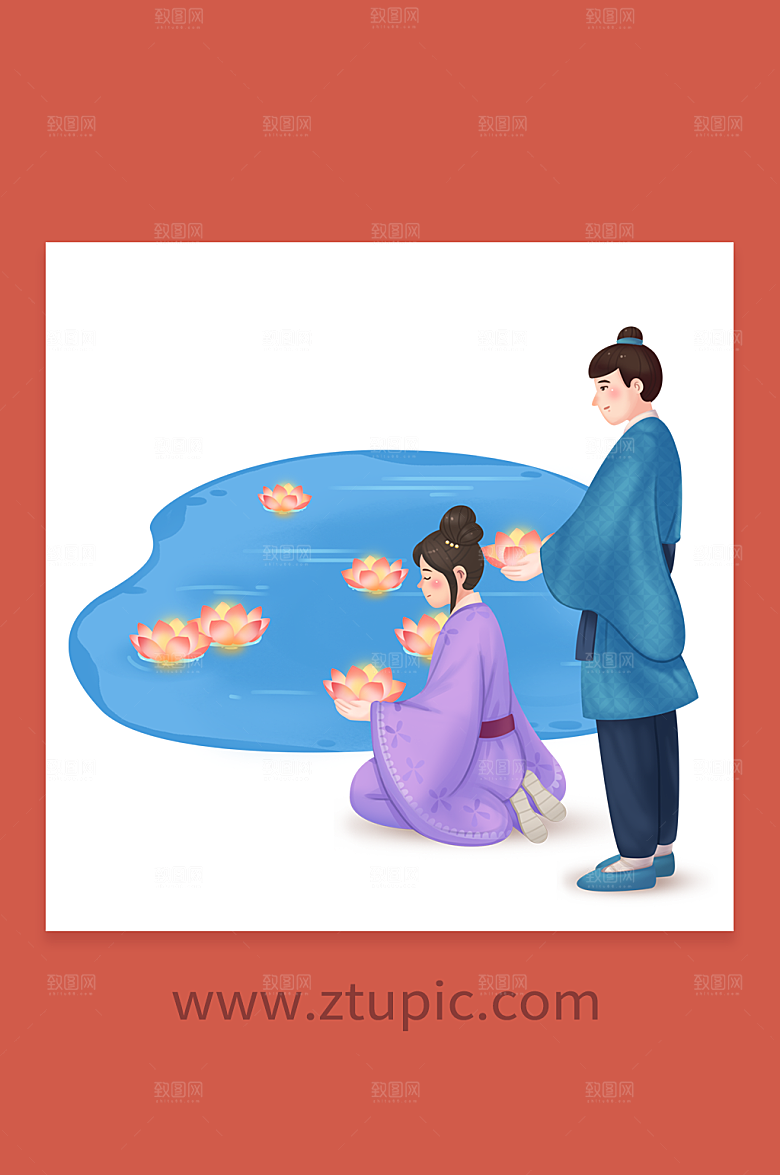 ⼿绘放河灯中元节人物插画