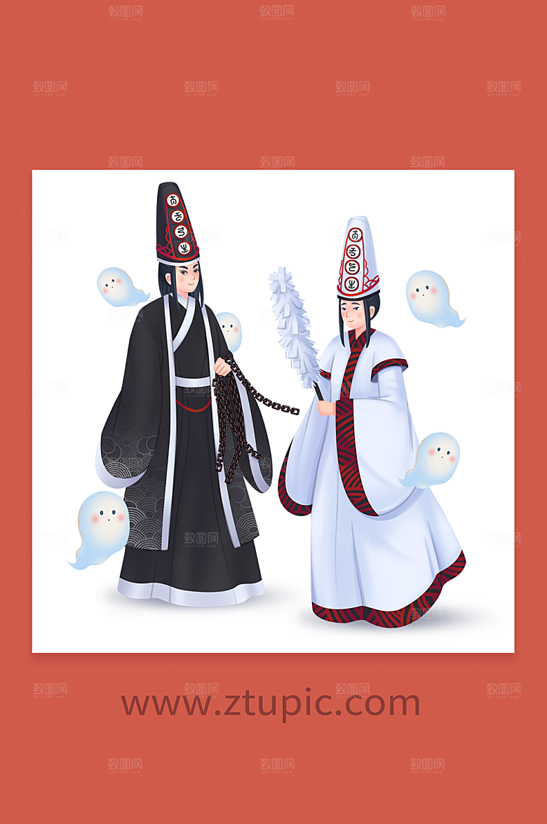 ⼿绘黑白无常中元节人物仙人插画