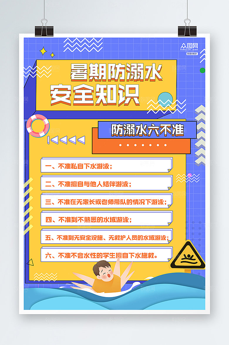 卡通暑期防溺水安全知识模板海报