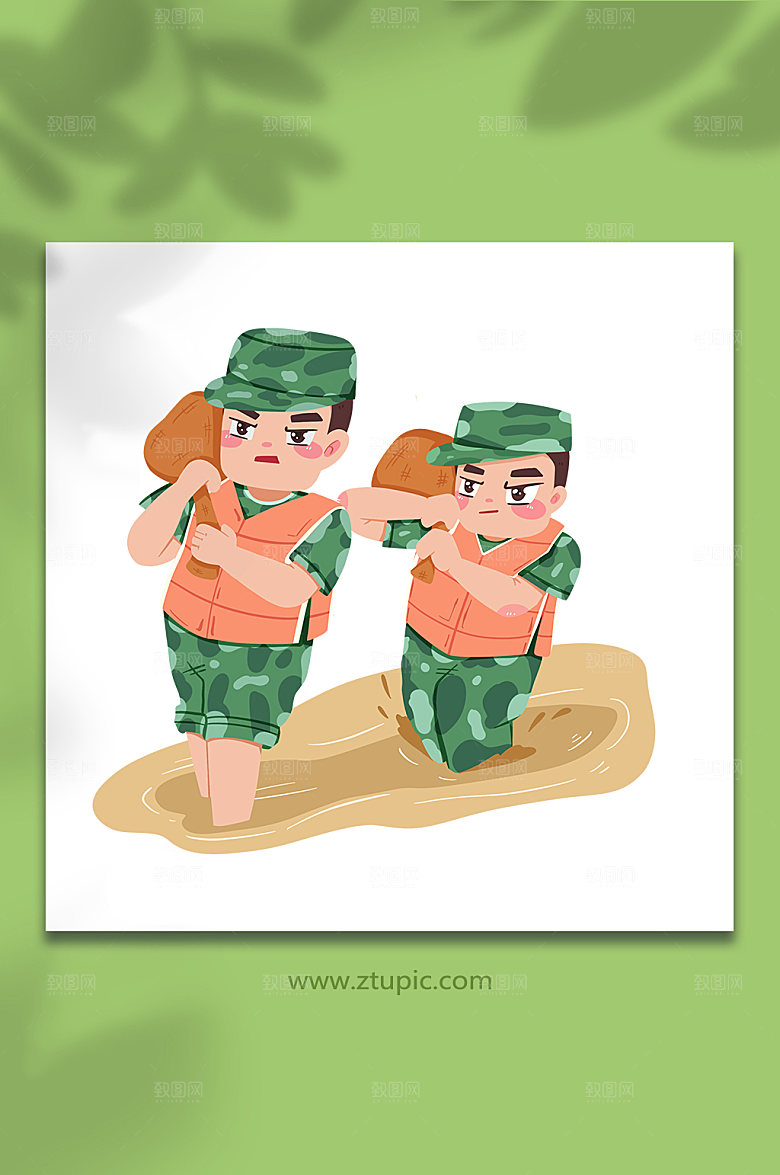 扁平扛沙包防汛救灾人物插画