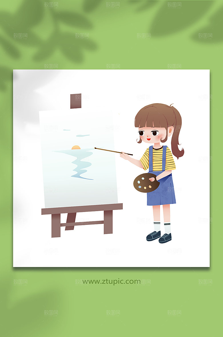 ⼿绘小女孩美术书法绘画设计插画