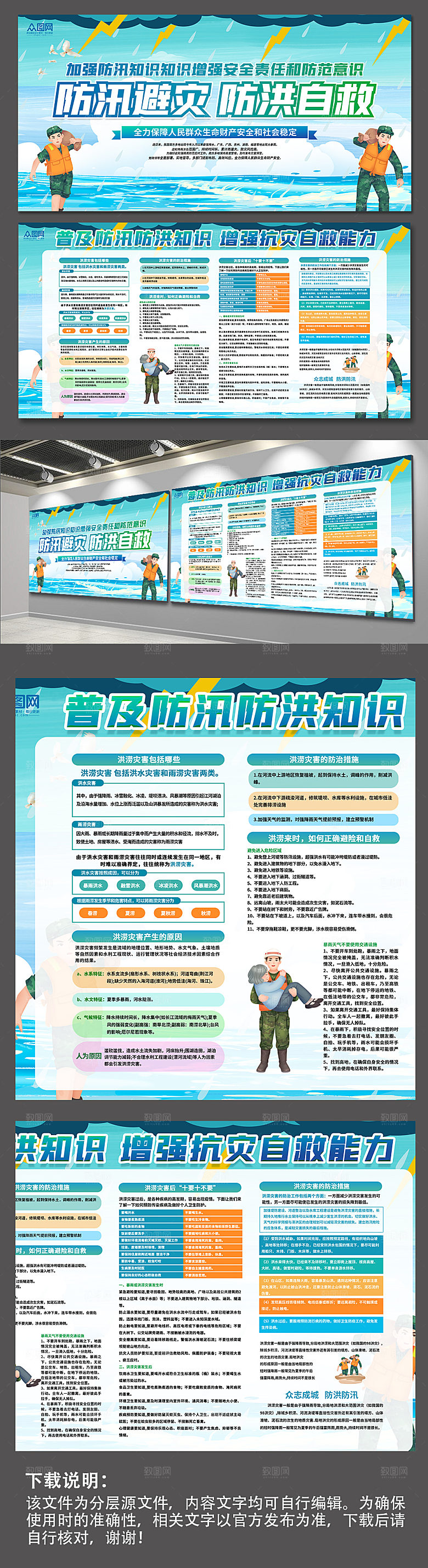 扁平防汛避灾防洪自救知识设计展板