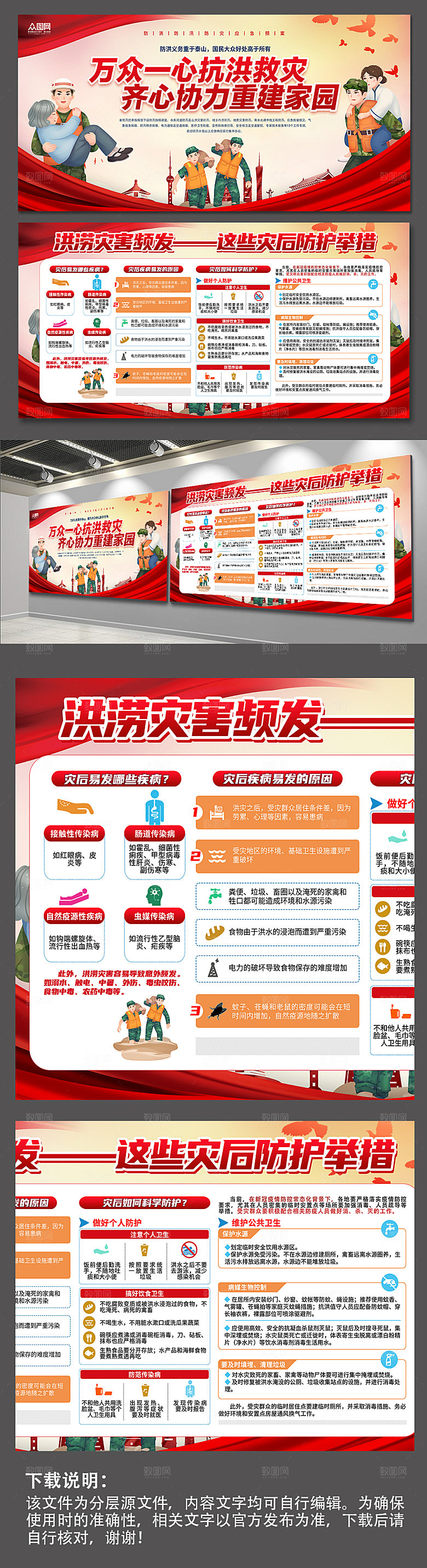 红色防洪安全防洪知识设计展板