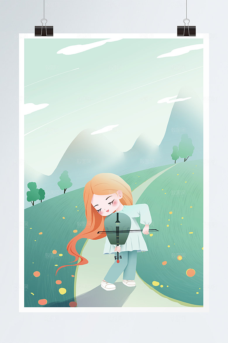 手绘小女孩拉小提琴人物设计插画