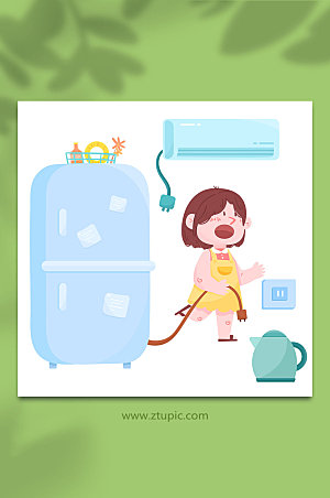 扁平厨房冰箱节能人物设计插画