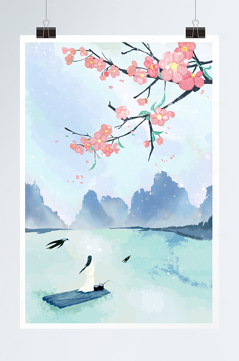 淡雅唯美古风山水插画设计