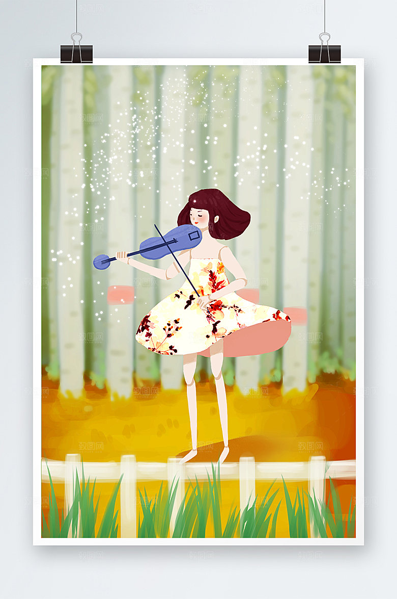 卡通音乐节女孩拉人物插画设计