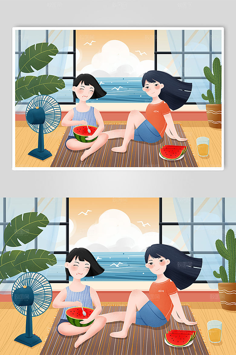 手绘吃西瓜的女孩夏至设计插画