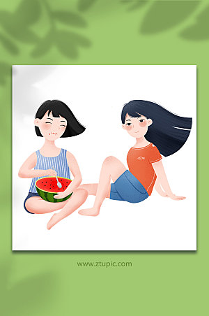 夏天夏至吃西瓜的女孩元素