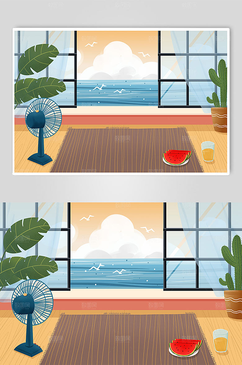 夏至海洋和天空风景背景