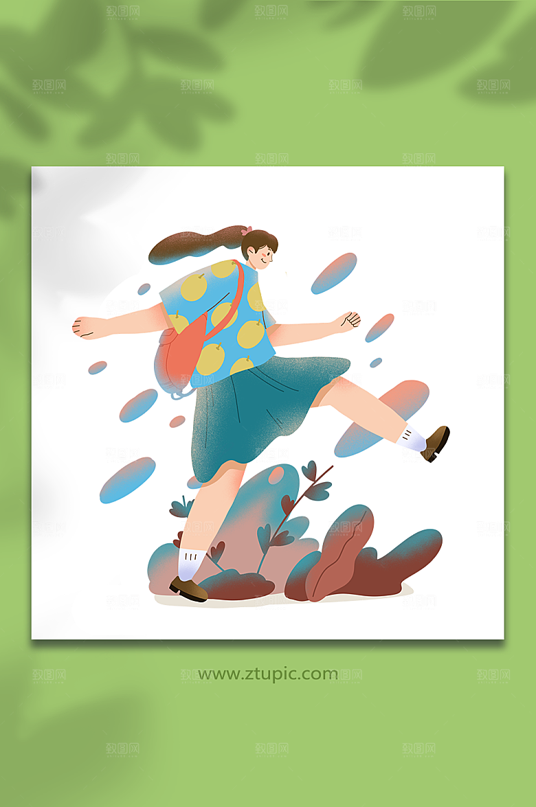 手绘桔色开学季人物设计插画