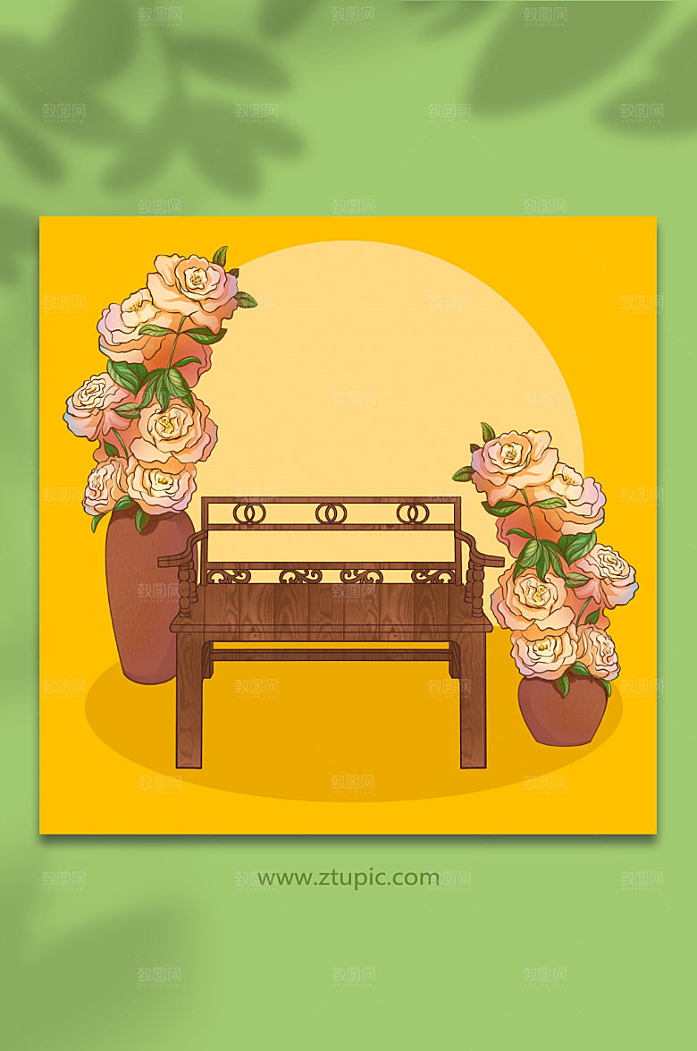 牡丹花盆栽古风汉服人物插画
