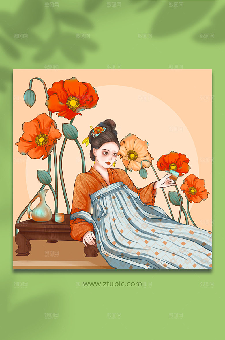 扁平品茶古风汉服人物插画设计