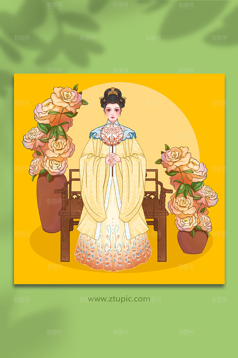 手绘扇子汉服人物插画设计