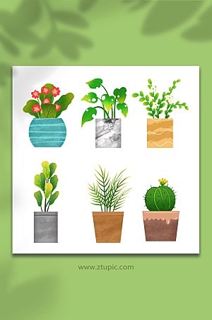 扁平绿色植物盆栽插画设计