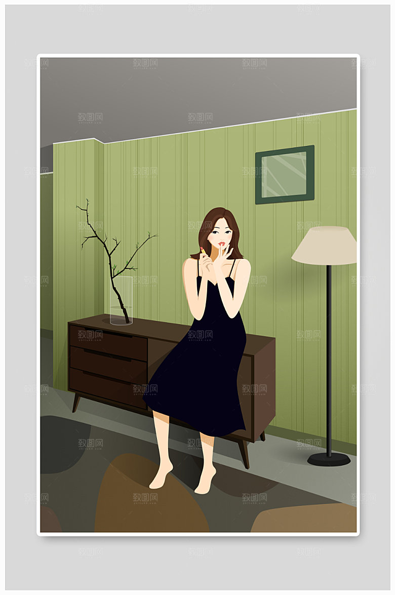 复古美女美妆人物插画设计