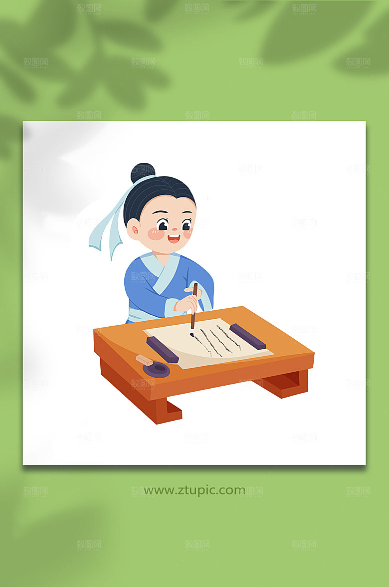 手绘桌前收袖书法人物插画设计