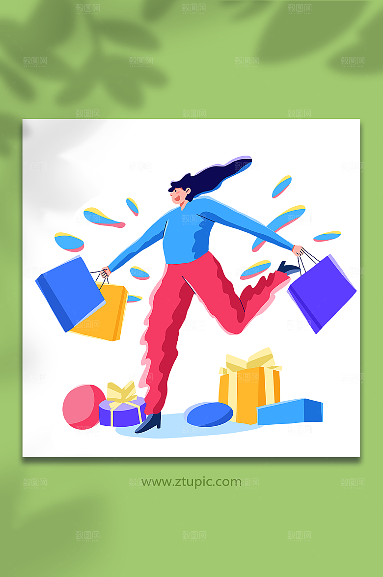 扁平奔跑女购物人物插画设计