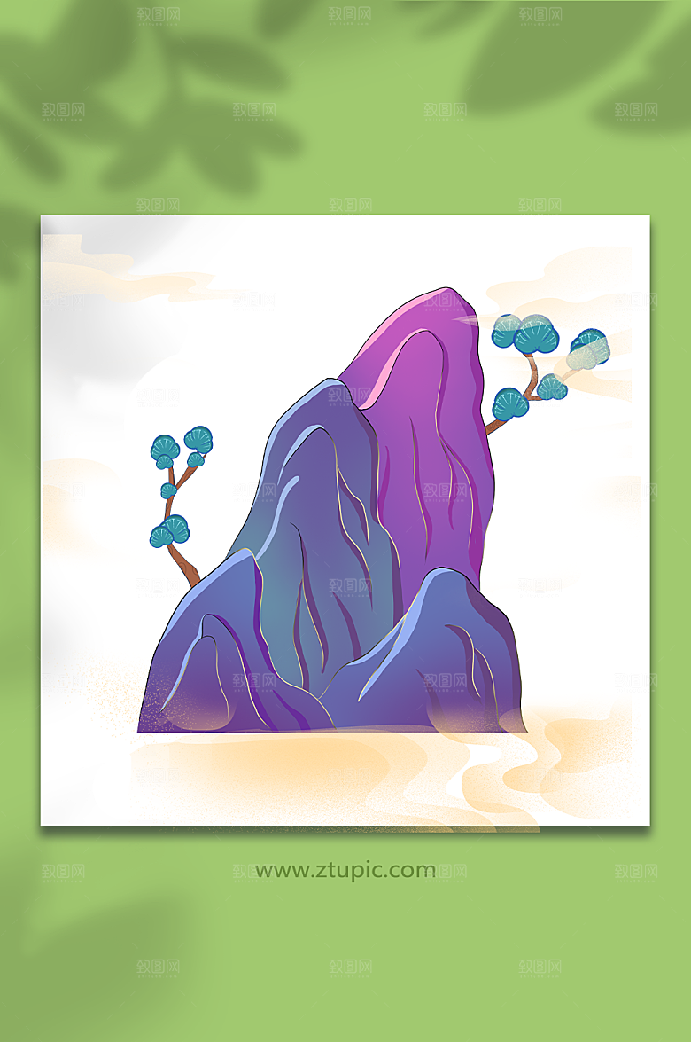 扁平树木渐变国潮山水设计插画