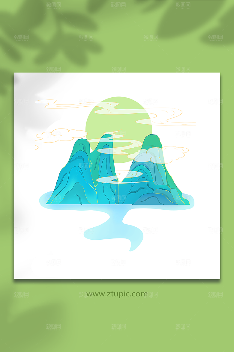 墨绿色渐变国潮山水元素插画设计