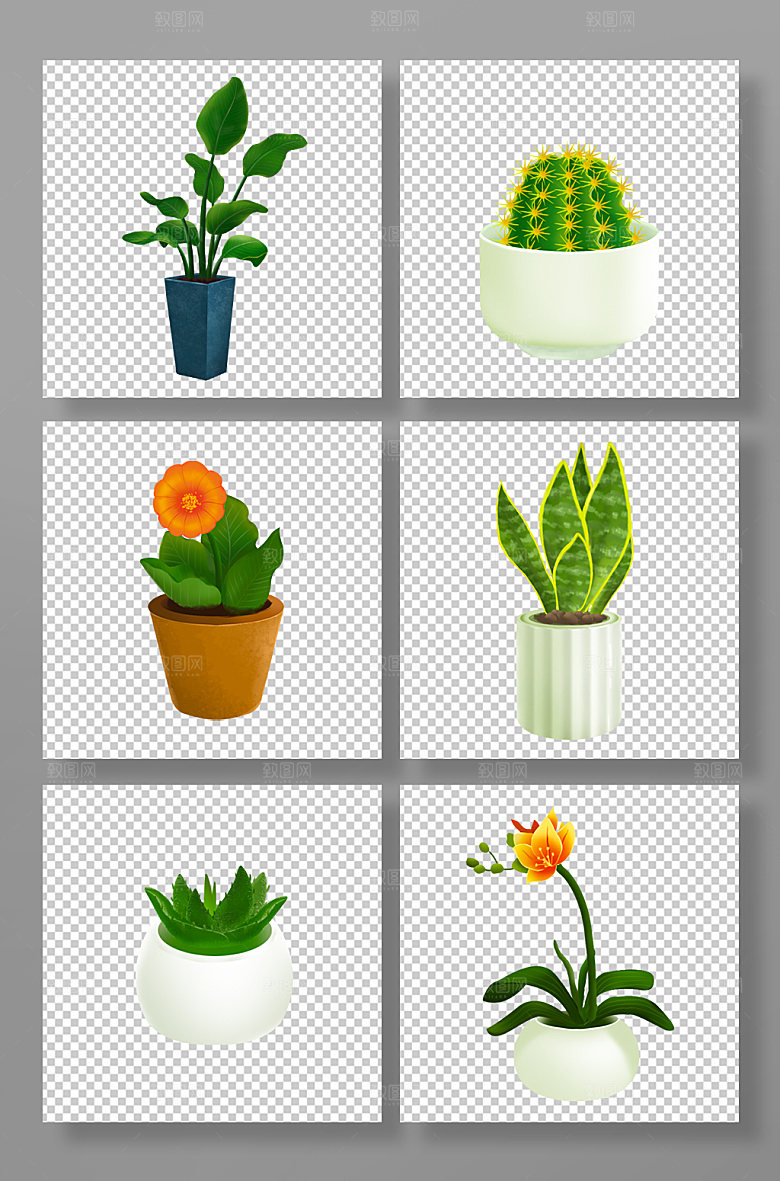 手绘绿色植物盆栽元素插画