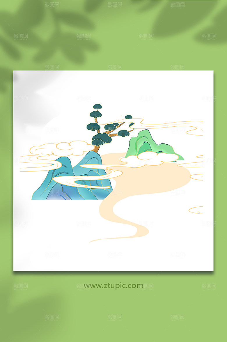 手绘两山绿色国潮山水设计插画