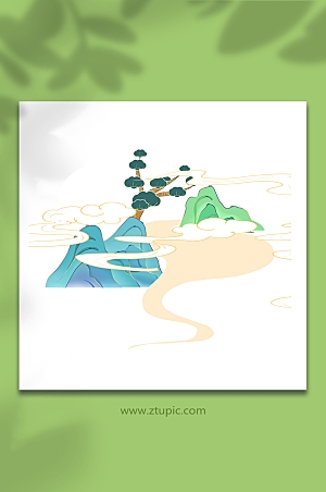 手绘两山绿色国潮山水设计插画