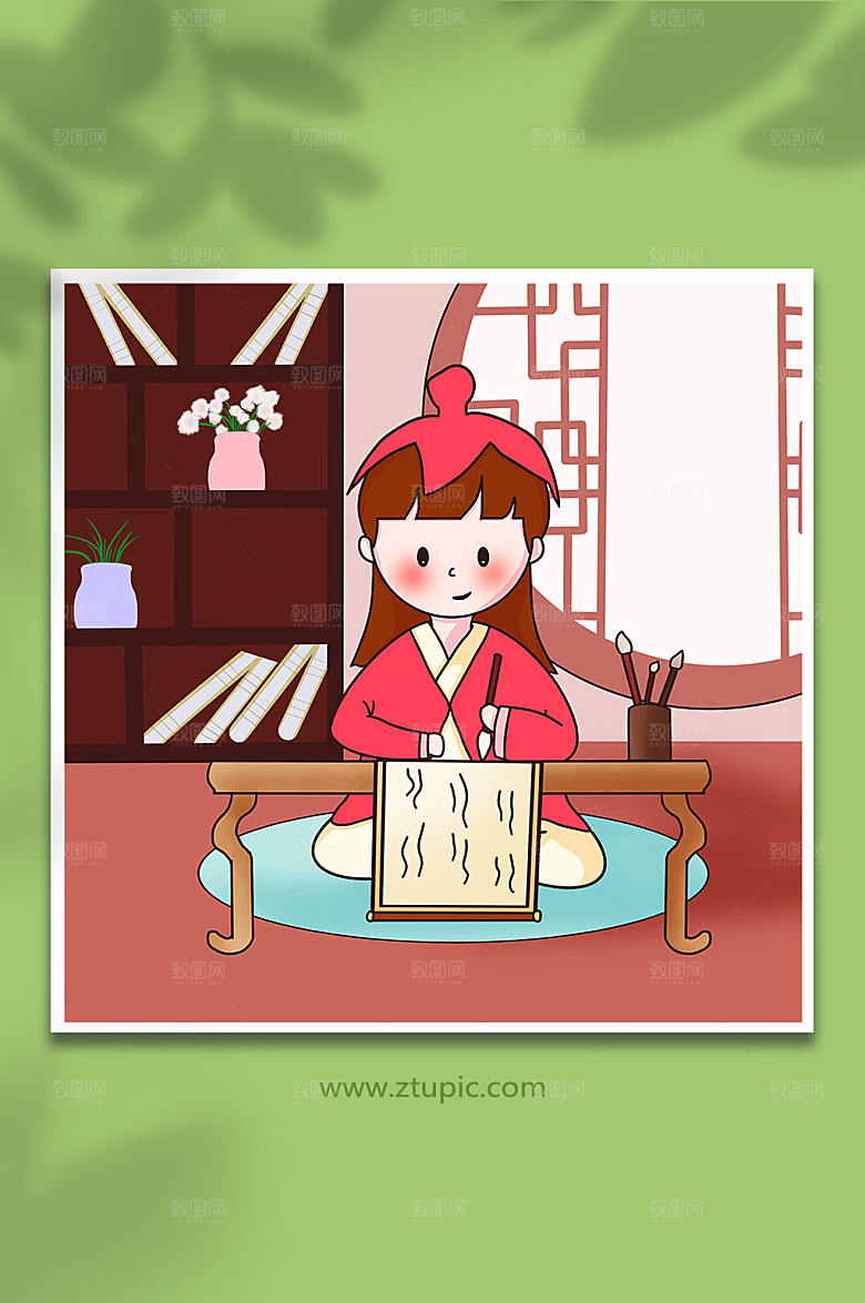 线描儿童古代书童书房插画设计
