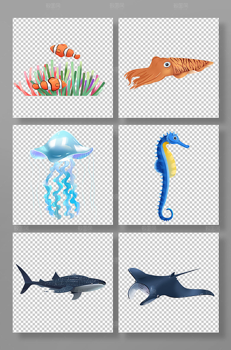 卡通海洋海底动物元素插画设计