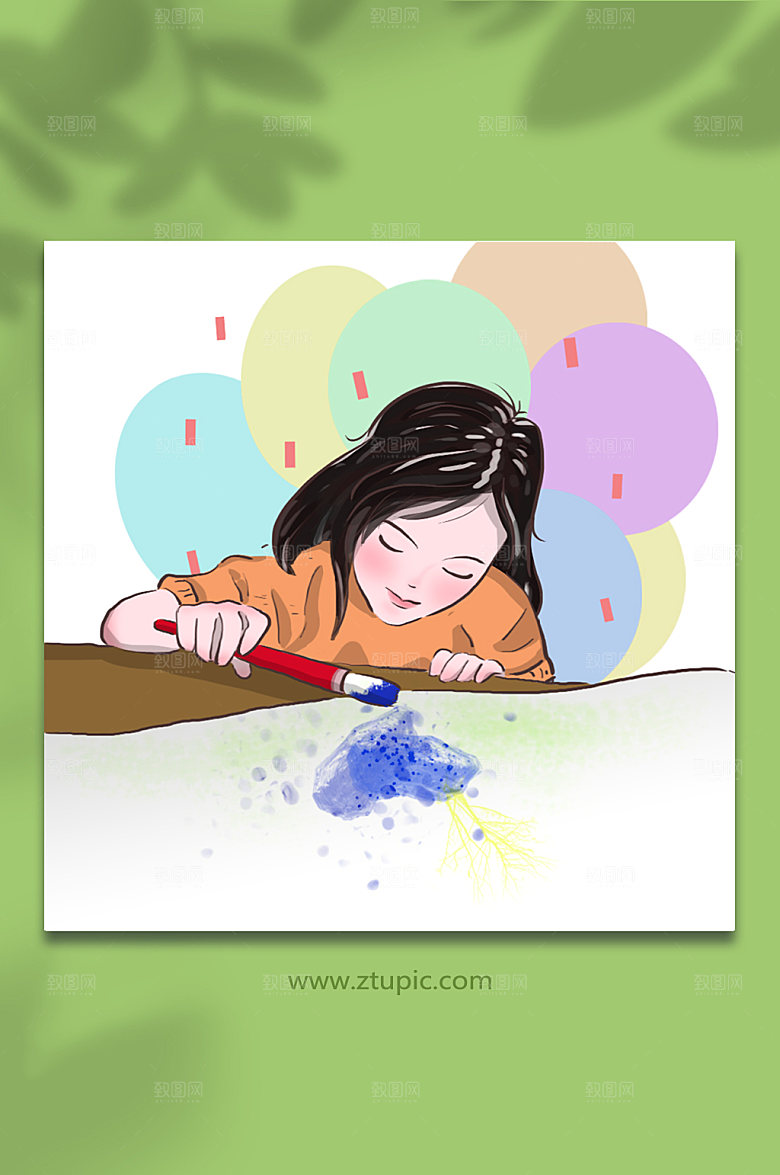 手绘美术书法绘画女孩设计插画