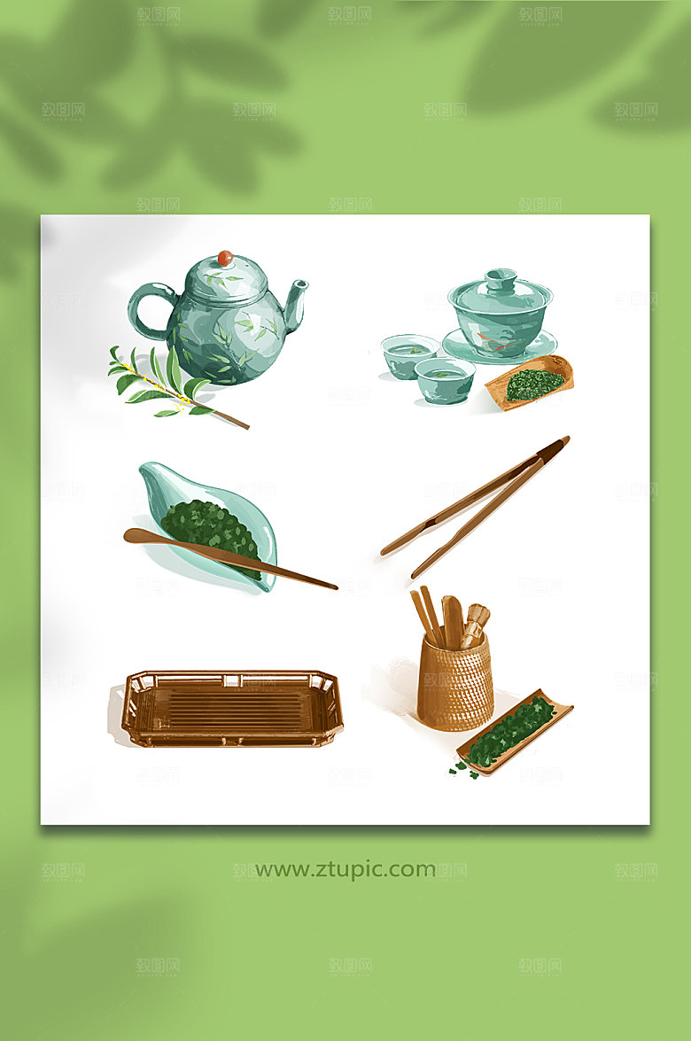 手绘泡茶工具茶具物品插画设计