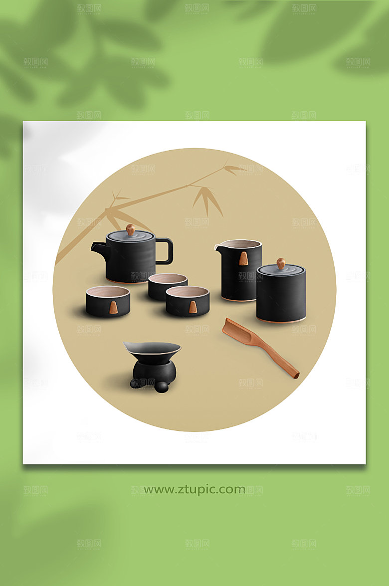 手绘茶勺国风茶具物品设计插画