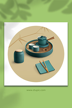 国风高档套装茶具物品设计插画