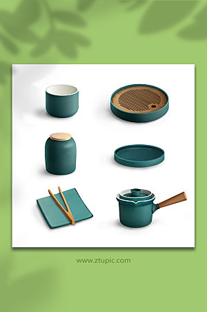 蓝绿国风套装茶具物品元素