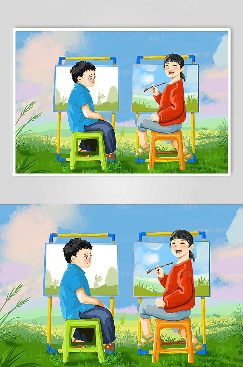 扁平儿童美术书法插画设计