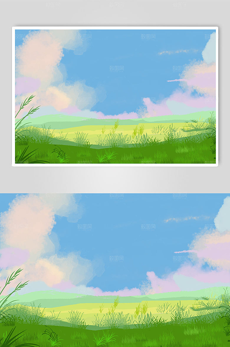 风景插画草地蓝天背景