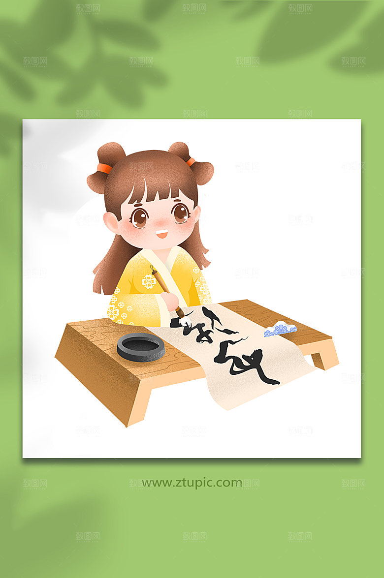卡通女孩私塾书法人物插画设计