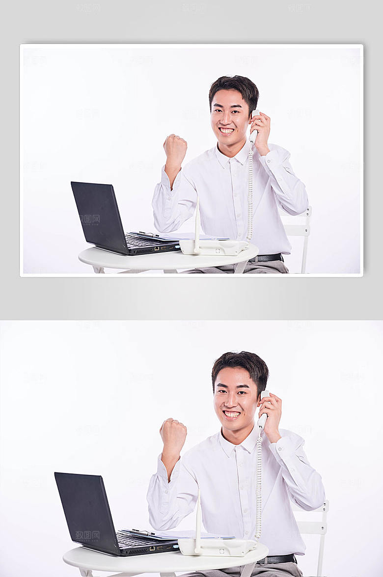 职场客服男士加油手机摄影图片